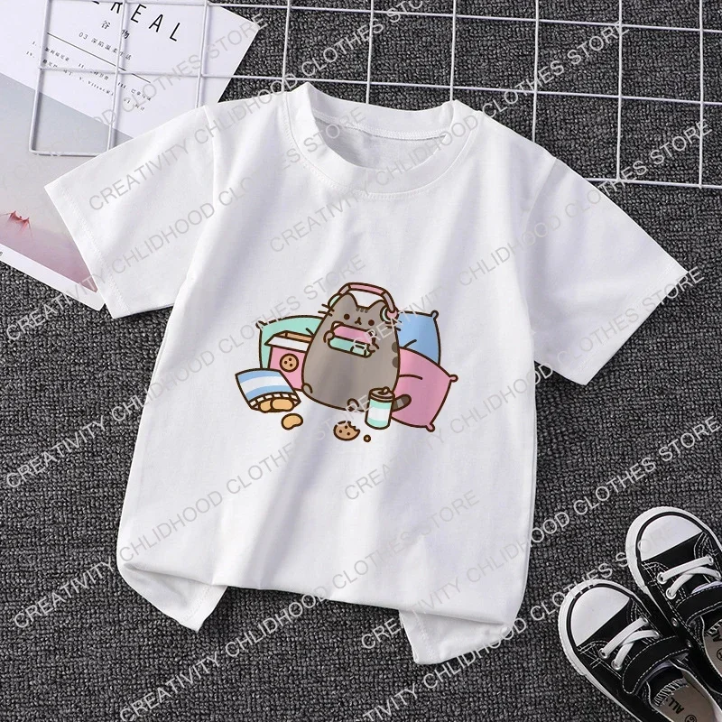 Camisetas Pusheen para niños, camisetas Kawaii con bonito gato para chico, dibujos animados de Anime para niñas y niños, ropa informal de manga corta, Tops de moda