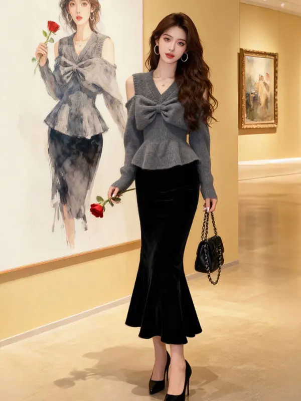 

Корейский приталенный свитер с V-образным вырезом и бантом на талии, зимний модный топ для женщин, с длинными рукавами, круглым вырезом, цветной