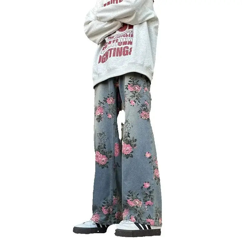 Jean rétro bleu imprimé Rose pour hommes, pantalon décontracté avec Tube droit de relaxation et amincissant et couteau incurvé