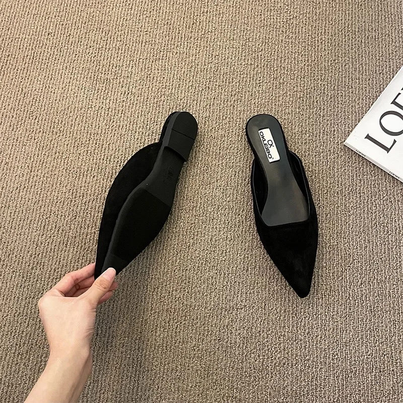 Mulas de dedo apontado para mulheres, design leopardo, chinelos rasos, saltos baixos finos, design de rebanho preto, mocassins casuais, ao ar livre