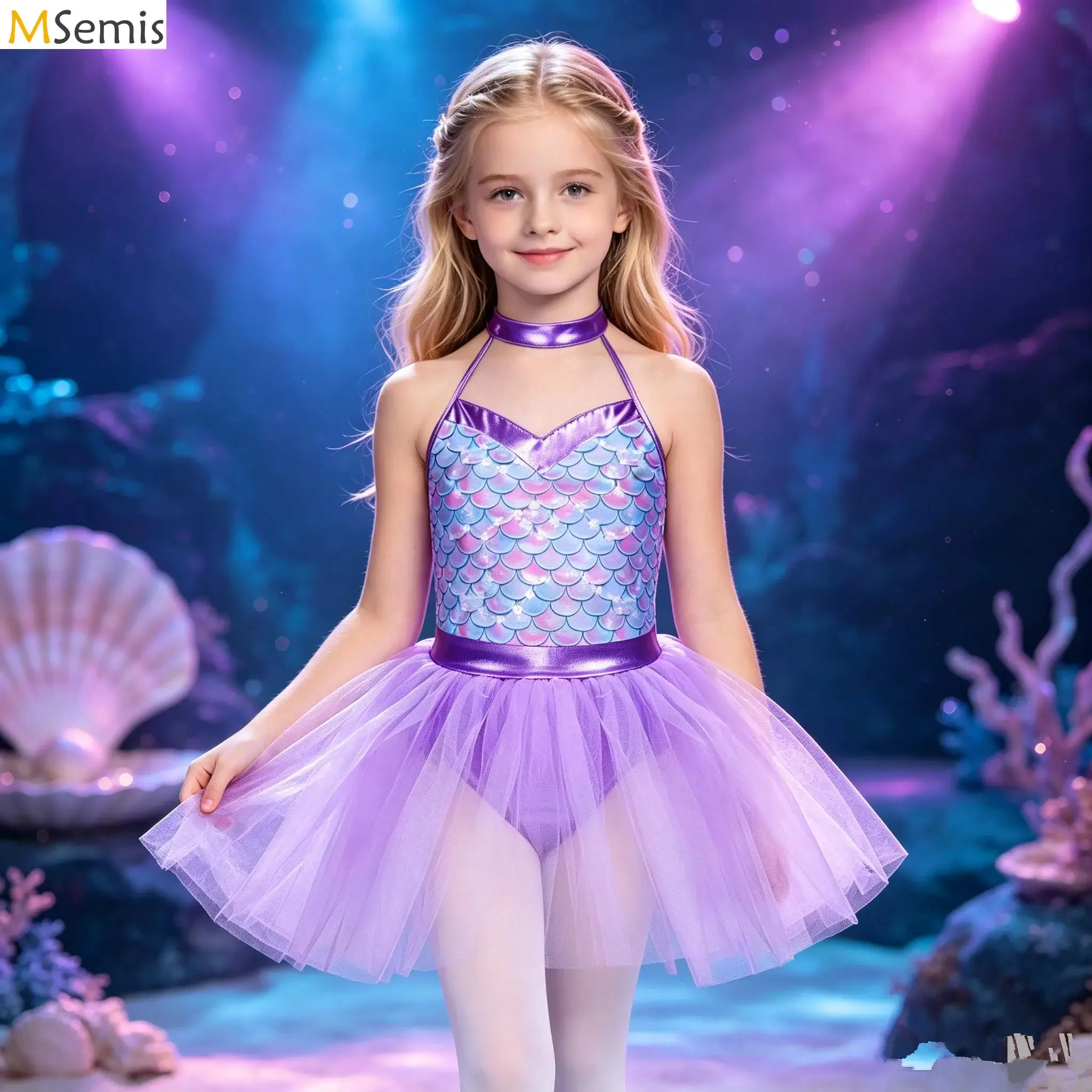 Kids Girls Mermaid Scale Ballet Tutu Dress Kids Halter Neck Metallic Trim Performance Costume Carnival Party Fancy Dress Outfit