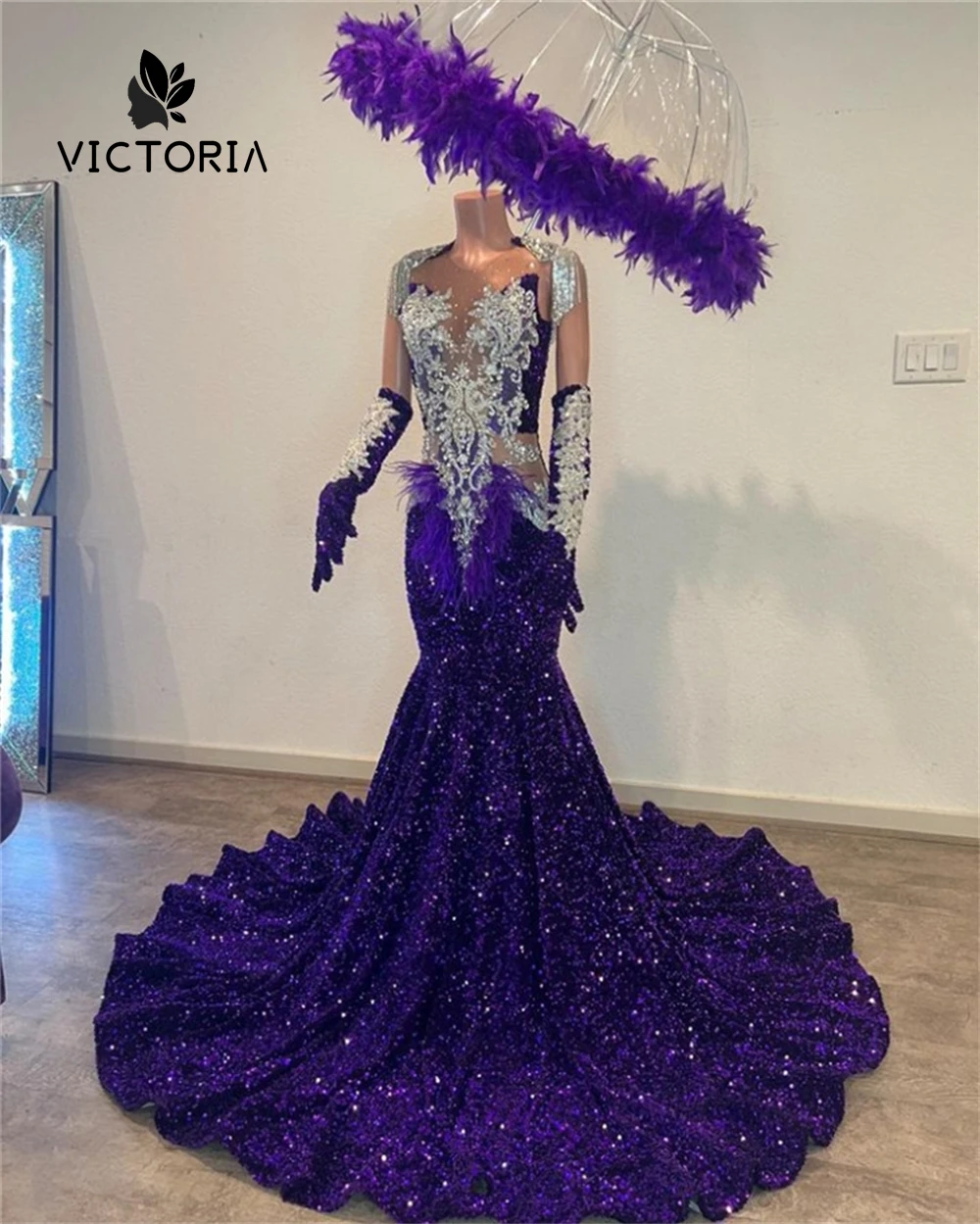 Vestido de graduación de sirena púrpura con apliques de encaje de lentejuelas plateadas para niña negra con guantes, fiesta de cumpleaños africana, vestido de invitados de boda