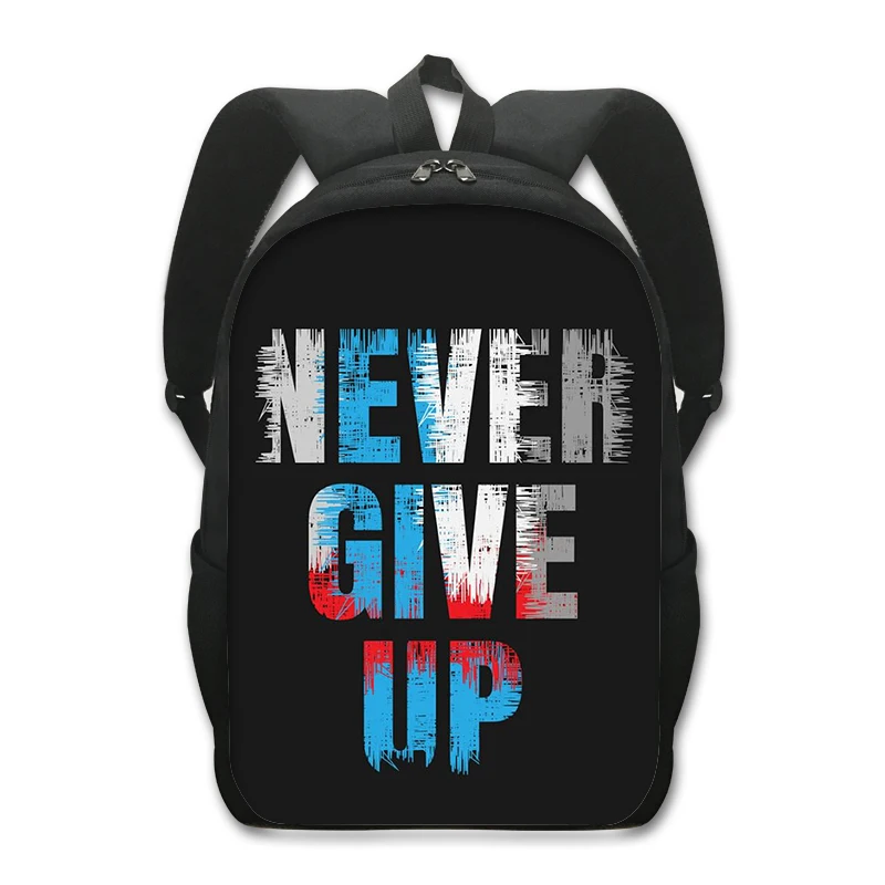 Mochila con estampado Never Give Up para hombre y mujer, morral escolar para adolescentes, niños y niñas, regalo para ordenador portátil