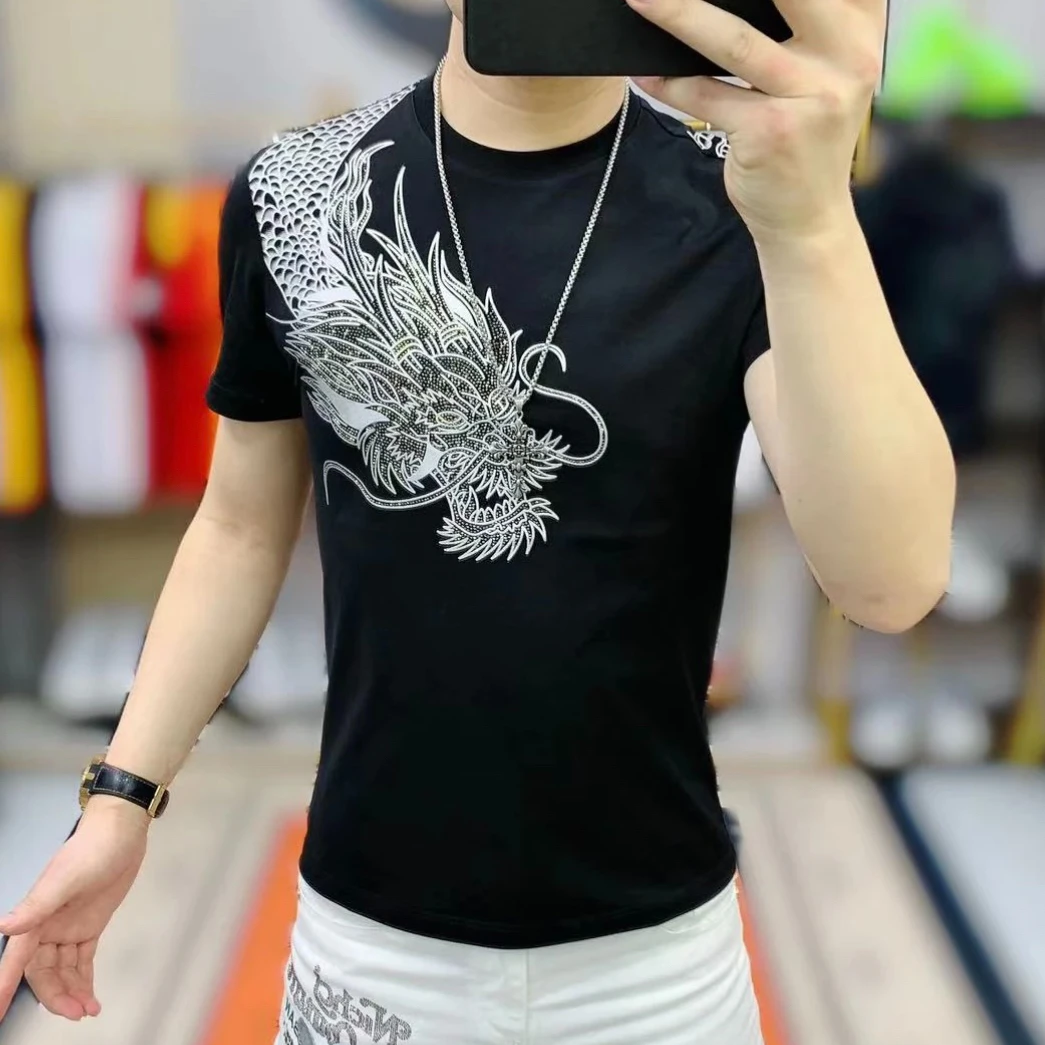 Chinese Style Dragon Printed Rhinestones T-shirts Men Short Sleeve Slim Fit T-shirts Round Neck Social Streetwear Tee Tops M-4XL