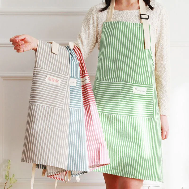 Cotton Linen Adjustable Adult Apron Striped Restaurant Chef Apron Outdoor Camping BBQ Picnic Kitchen Cook Apron with Pockets