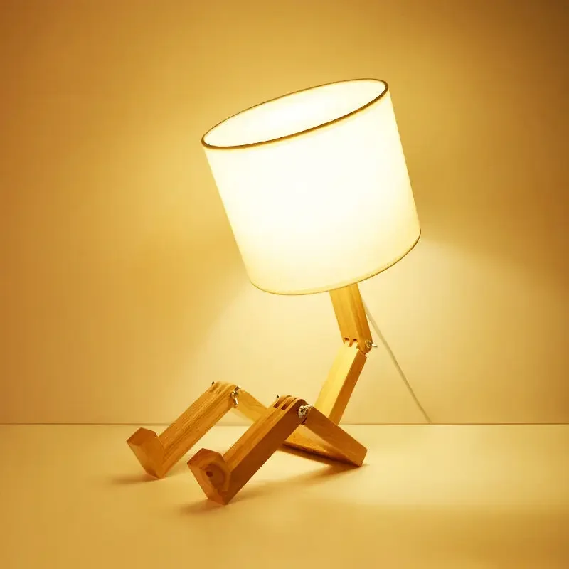 Robot Shape Wooden Table Lamp E14 Lamp Holder 110-240V Modern Cloth Art Wood Desk Table Lamp Parlor Indoor Study Night Light