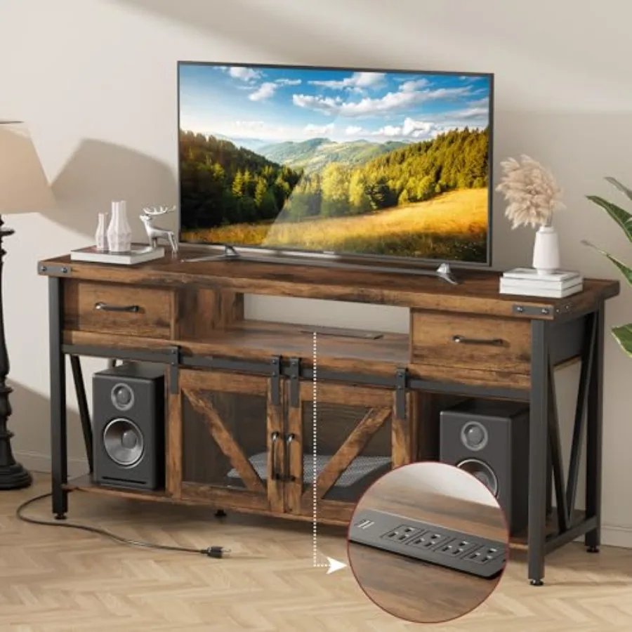 TV Stand for 75 Inch TV63 inch Wide Tall Rustic Brown TV Console Tables with Power Outlets and Storage Wood Entertainment Cente