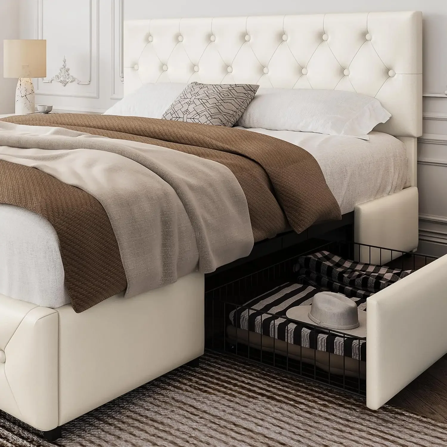 Queen bed frame with adjustable diamond button cluster headboard/3 drawer storage space, beige queen bed