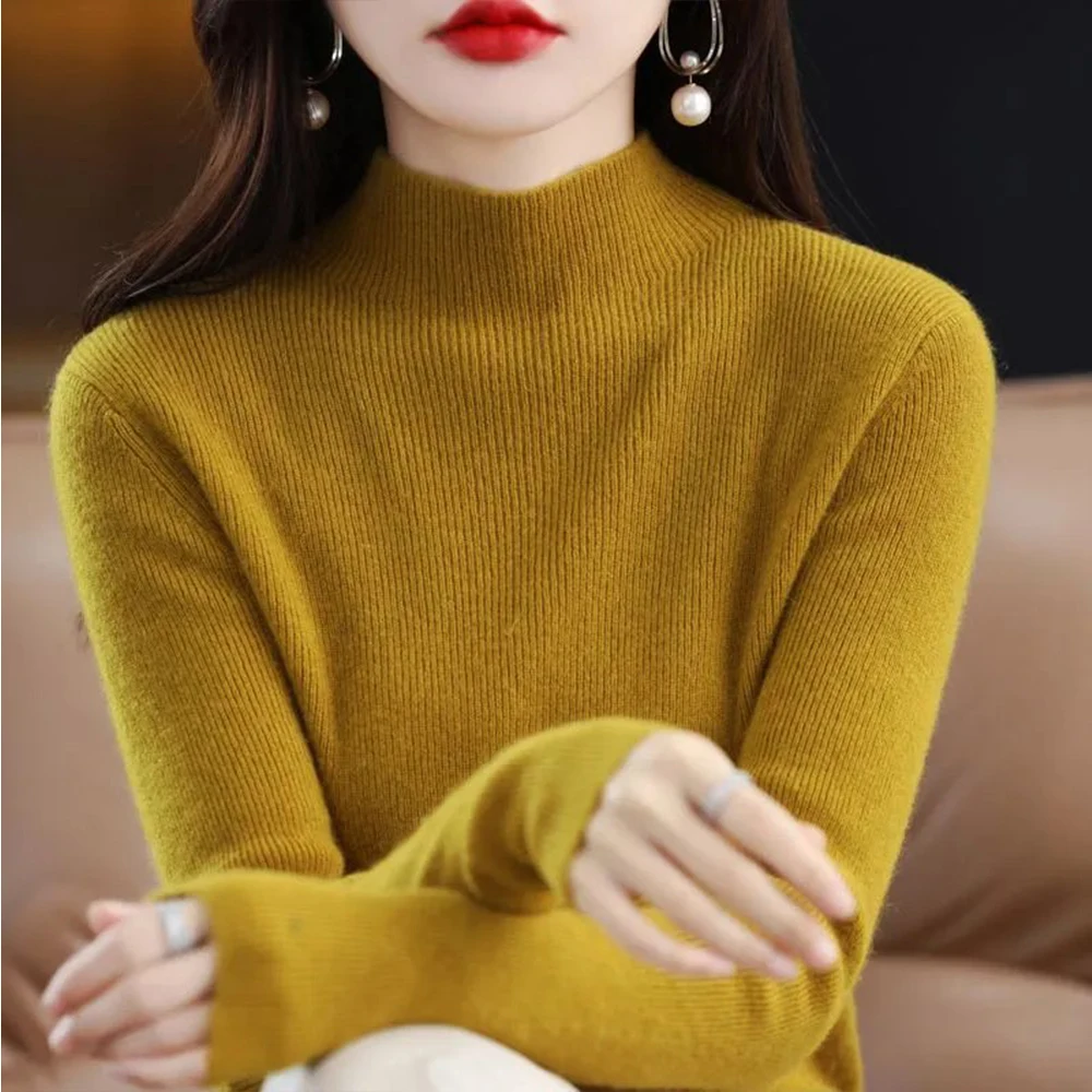 

Half High Collar Full Sleeve Pullovers Sweaters Women Black Slim Knit T Shirt Sweater S-XL Elastic Female Tops Aesthetic Clothes