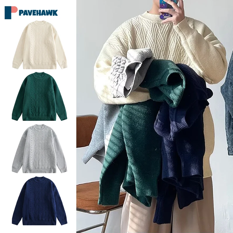 

Japanese Round Neck Knit Sweaters Jumpers Man Woman Vintage Lazy Loose Knitted Sweater Unisex Winter Warm Oversized Jumpers New