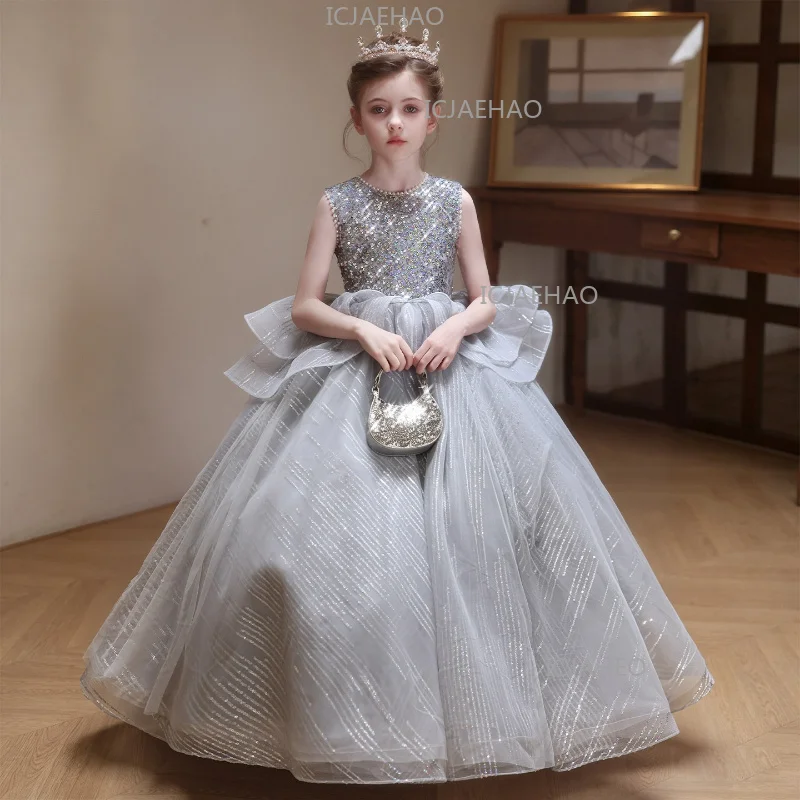 2026 Kids Gray Sleeveless Sequin Host Elegant Evening Gown Children Girls Princess Dress Piano Performance Pageant Clothes