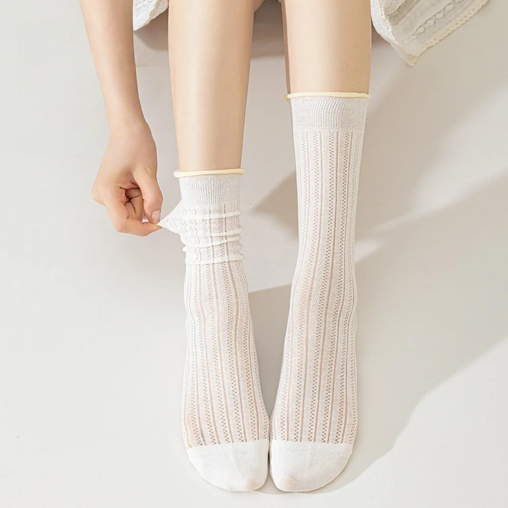 6 Pair Women's Cotton Mid-Calf Seamless Moisture-Wicking Breathable Mesh Socks For Spring And Summer In Solid Black And White