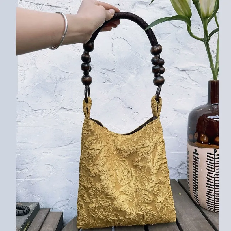 

New Chinese Style Single Totes Shoulder Armpit Bag French Retro Embroidered Bag Wooden Bead Handbag