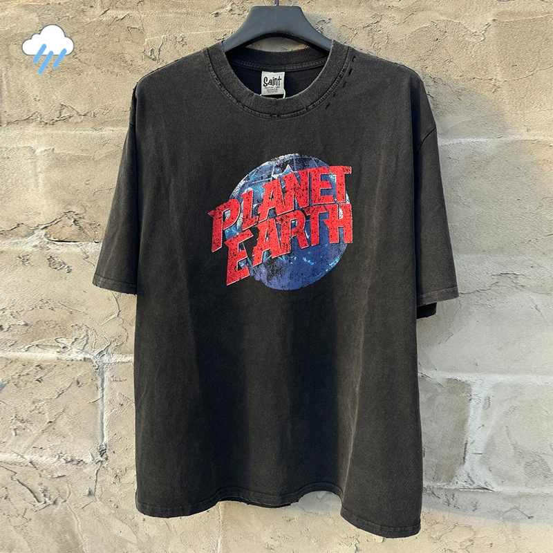 High Street Vintage Washed Black Planet Earth Print Saint T-Shirt Tee Men Women Best Quality Oversized Damaged Hole T Shirt Tops