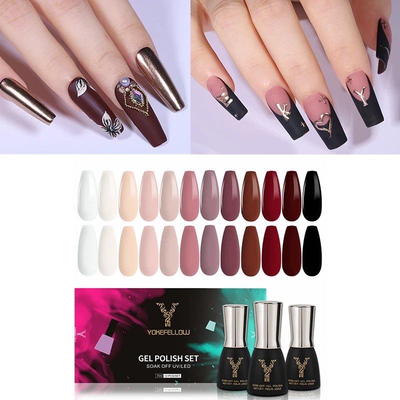 

YOKEFELLOW 12 Color Gel Nail Polish Set Semi-permanent Varnish Autumn Winter Popular Color Glitter Sequins UV Nail Art Gel Kit