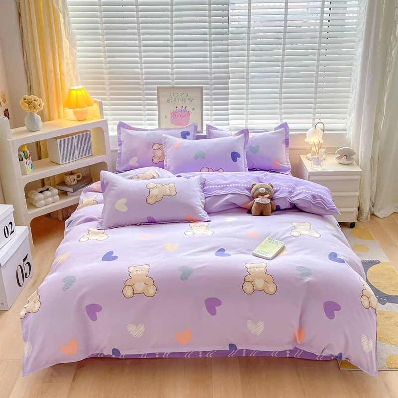 Cartoon Bear Duvet Cover Twin Queen Size 4PCS Romantic Love Heart Bedding Set for Boys Girl,Reversible Geometric Comforter Cover