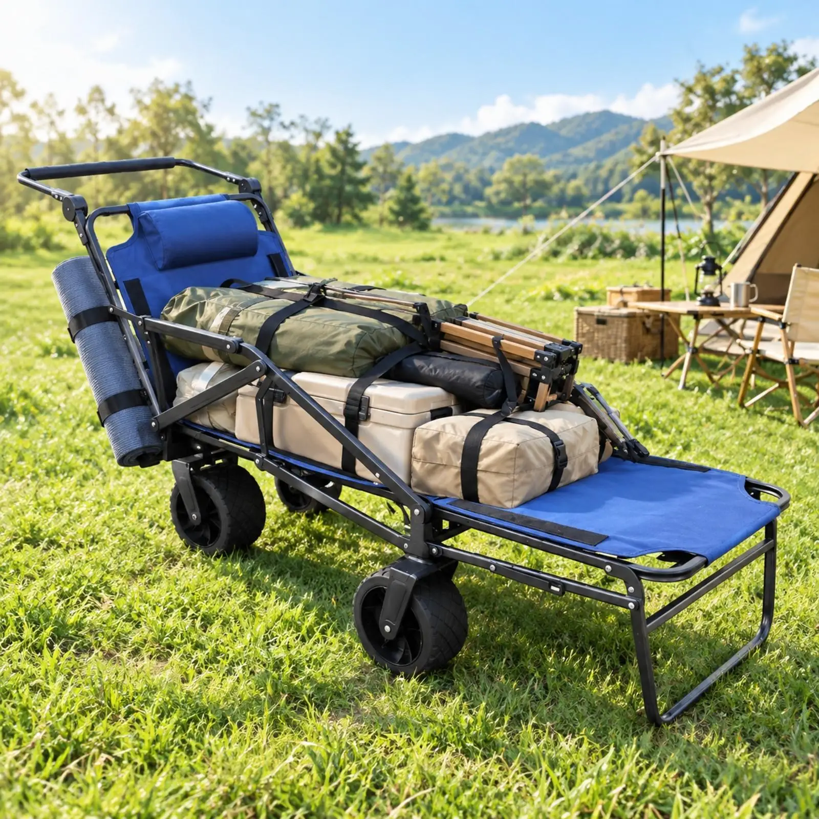 Foldable Outdoor Utility Cart Portable Folding Wagon with Padded Headrest Camping Wagon with Reclining Backrest Multi-Purpose