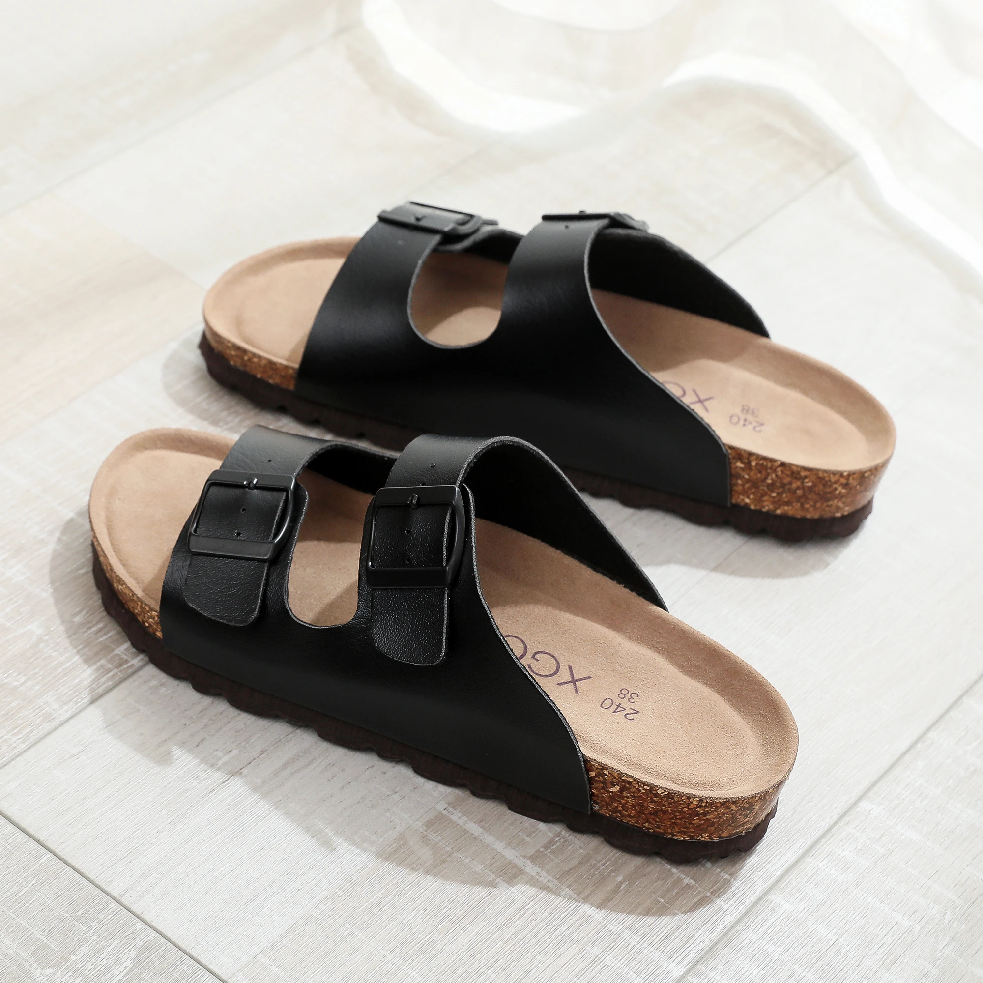 Birken Women's Flat Slide Sandals - Arch Support, 2 Strap, Cork Footbed, Non-Slip, Adjustable Buckle, All-Day Comfort view 2