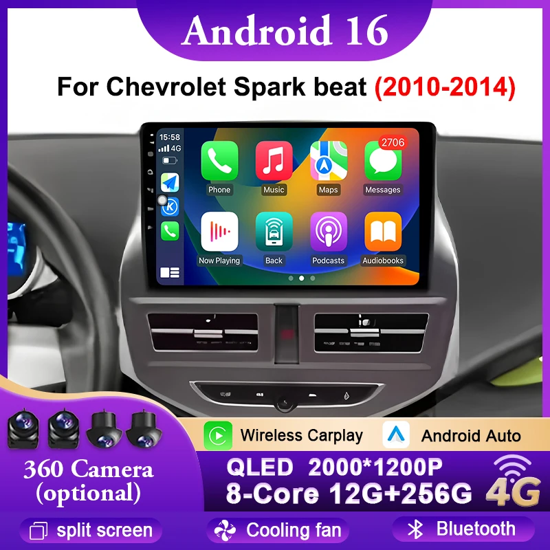 Rádio Automotivo Multimídia com Vídeo, GPS e Navegação para Chevrolet Spark Beat 2010-2014, Android 16, Auto Carplay, Bluetooth, WiFi e BT.