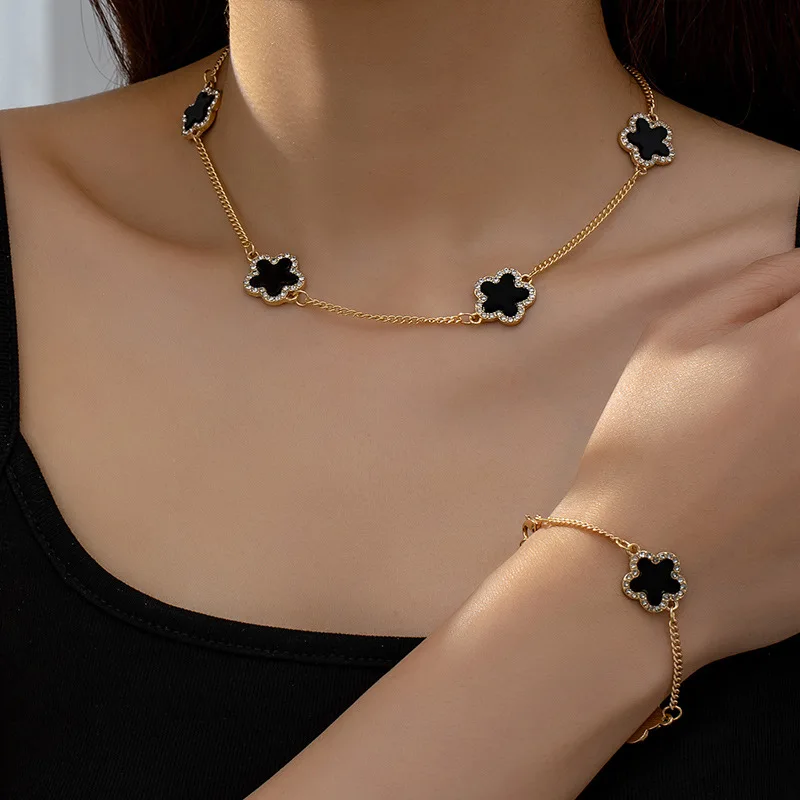 Jewelry Sets For Women Geometric Glass Enamel Flower Necklace Bracelet Two-piece Set Party Gift OL Holiday S018