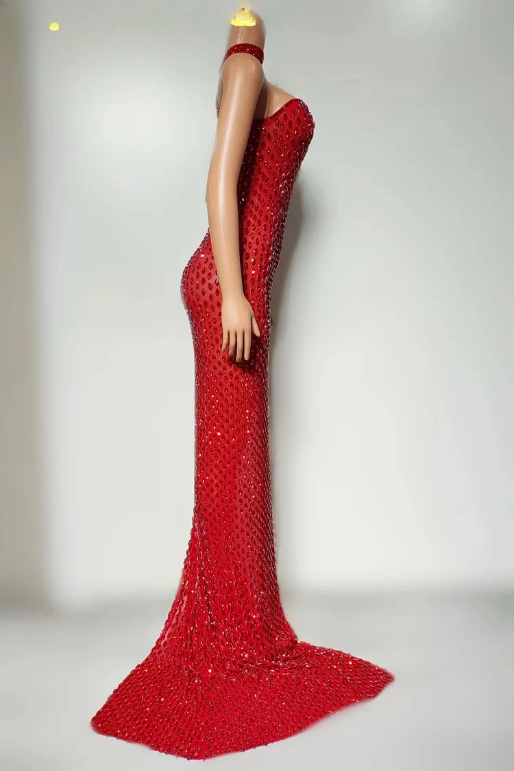 Nightclub Bar Performance Costume Low Cut Tight Fitting Sexy Deep V Full Diamond Side Slit Floor Length Skirt