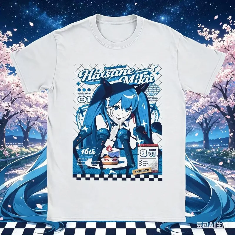 Camisetas de Anime Hatsune Miku 2026 para Hombre y Mujer, Camiseta Vintage de Manga Corta con Cuello Redondo, 100% Algodón, Tallas Grandes
