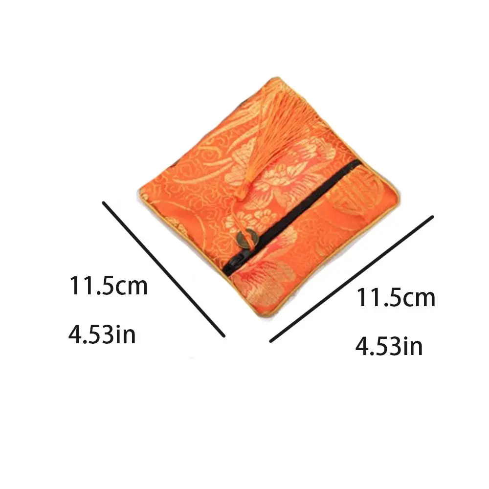 Tassel Mini Embroidery Canvas Coin Purse Dragon Square Flower Jewelry Packing Bag Makeup Lipstick Bag Copper Cash Pendant