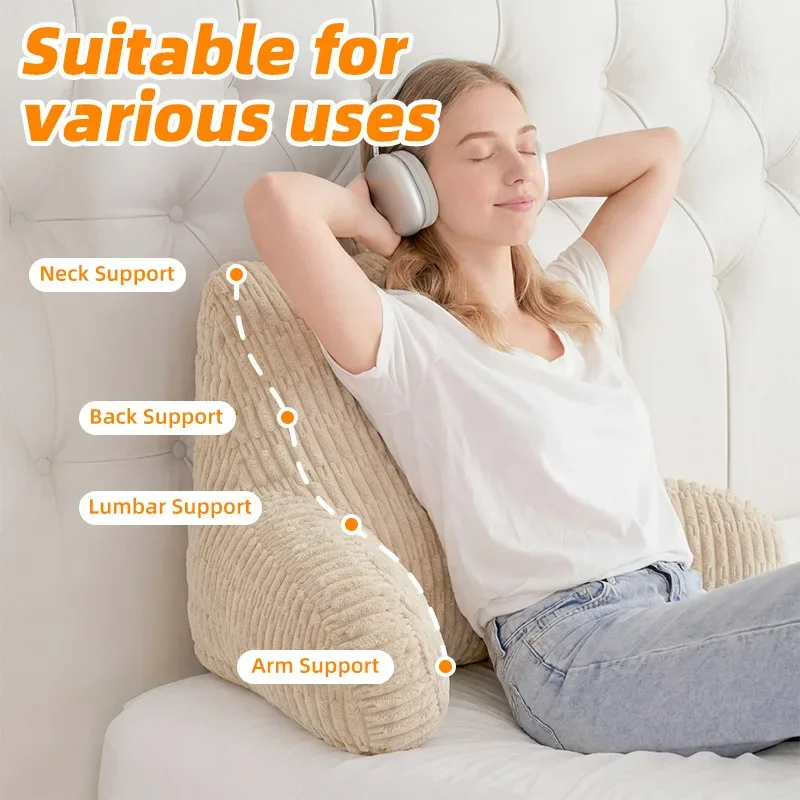 Ergonomic Bed Reading Pillow with Arm Support Striped Fluffy Back Rest Cushion Portable Handle Back Pillow for Reading Gaming