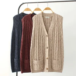 Autumn V-Neck Single-breasted Women's Vests Plus Size Waistcoat Female Long Knitted Vest Sweater Veste Femme Winter Coat F227