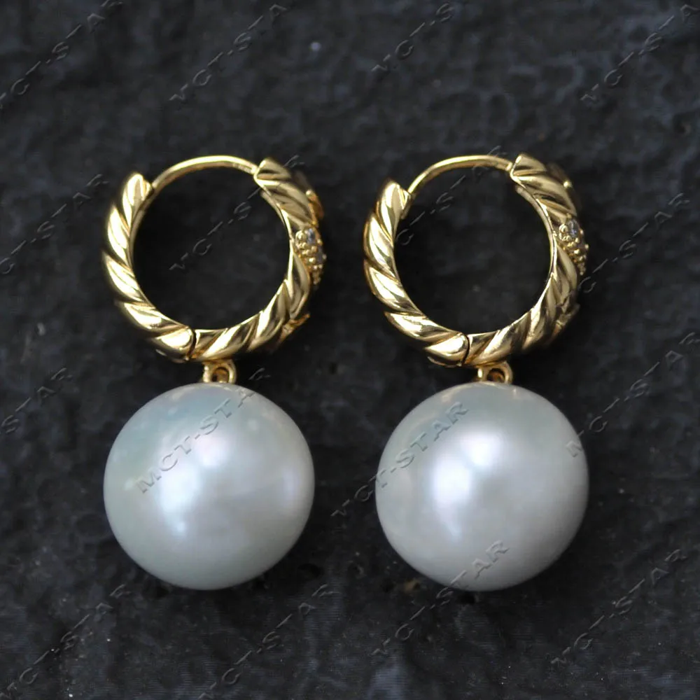 MTC·STAR Big 16mm Twist Huggie Hoop White Round Edison Pearl Emerald Dangle Earrings For women (Z14710)