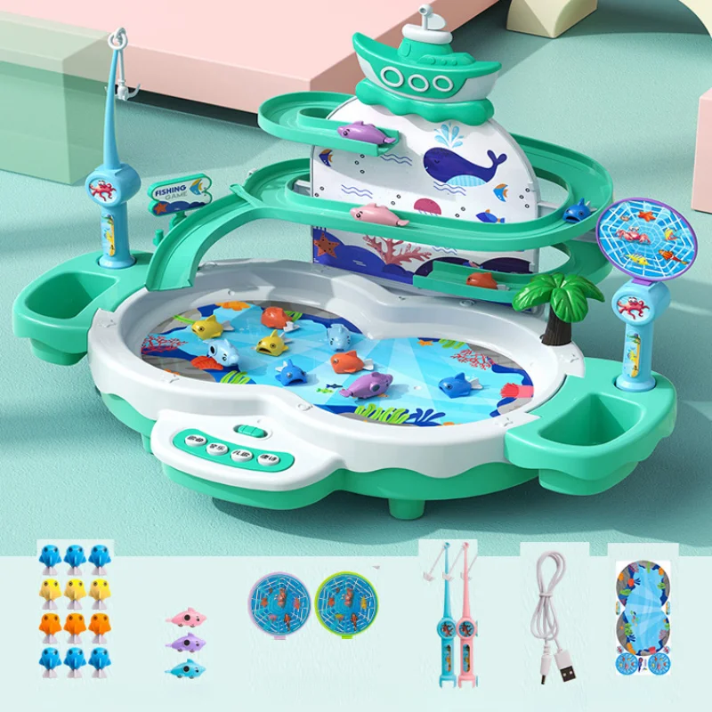 Kids Fishing Toy Electric Magnetic Three-Level Fishing Platform with Children\'s Songs Music Tang Poetry Playback Features Gifts