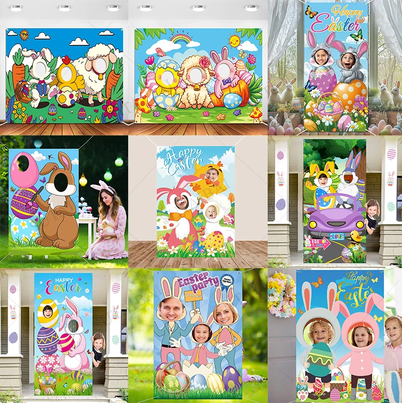 Easter Face in Hole Backdrop Baby Chick Sheep Bunny Face Cutout Photo Props Happy Easter Party Photography Background