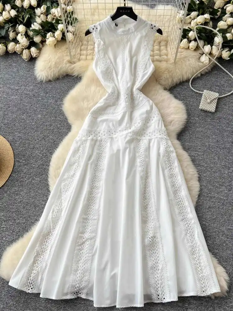 

Women French Vintage Party Dress Summer Hollow Lace Patchwork Sleeveless Long Dresses Elegant Slim -a-line Long Robe Vestidos