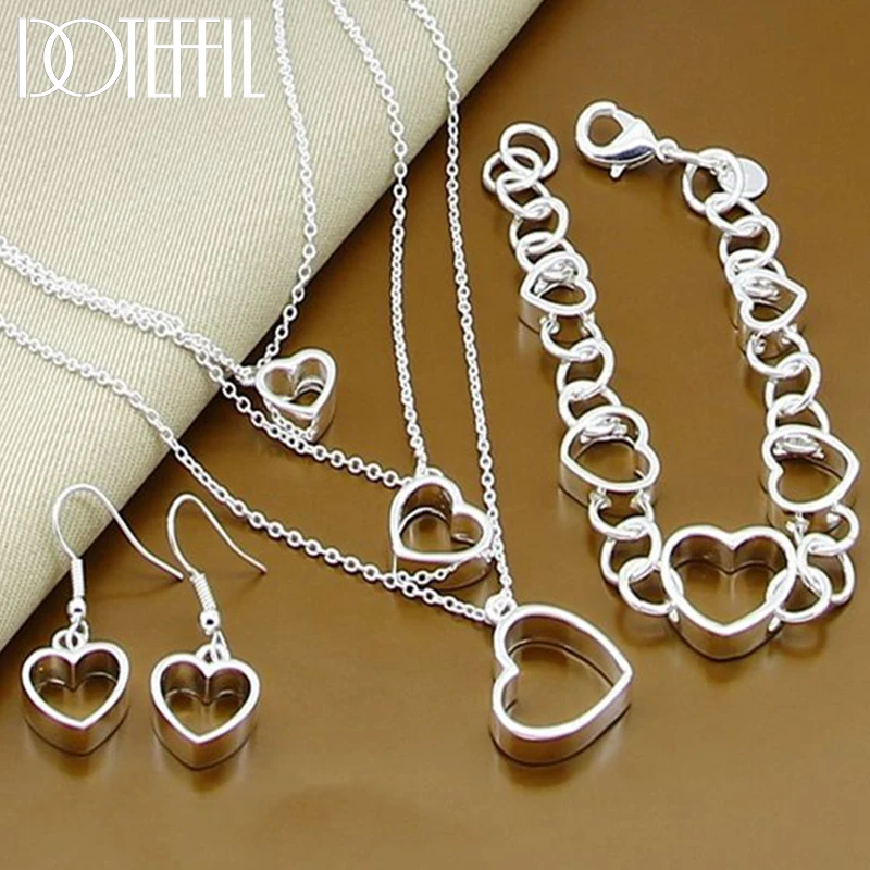 DOTEFFIL 925 Sterling Silver Heart Earring Bracelet Necklace Set For Woman Wedding Engagement Party Fashion Charm Jewelry