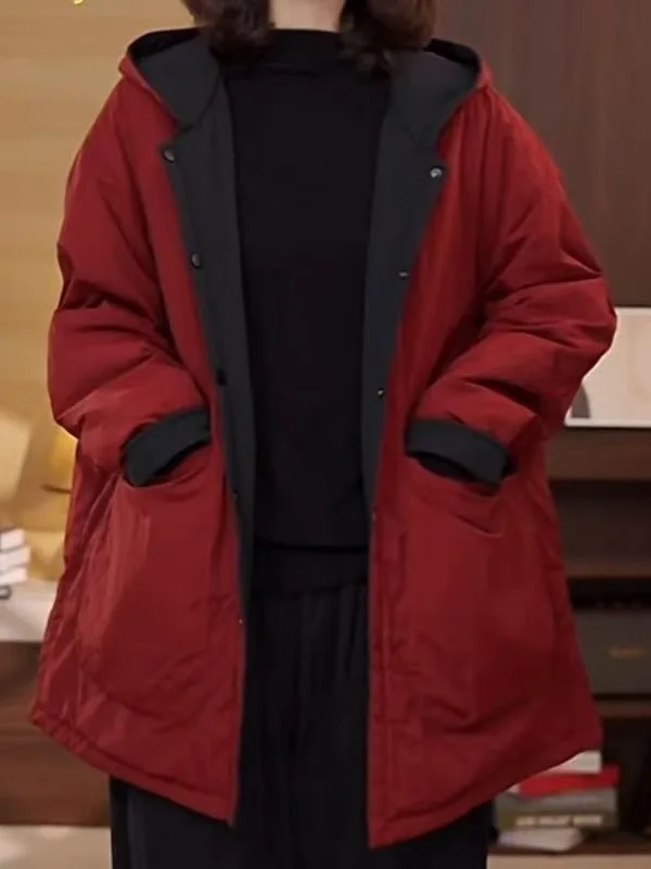 

Утепленная двусторонняя хлопковая куртка для женщин: модное универсальное пальто средней длины с капюшоном, теплое хлопковое пальто, новинка зимы