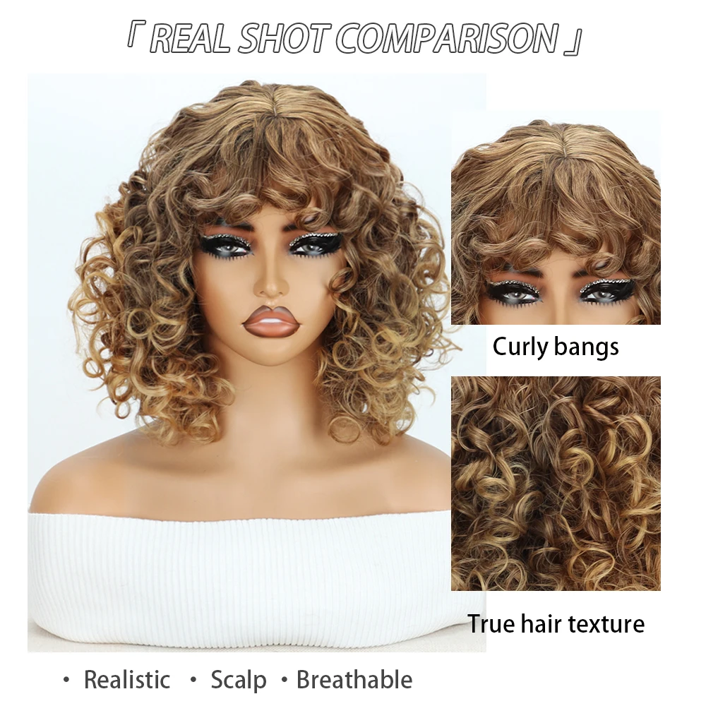 Short Curly Gold Gradient Synthetic Afro Wig With Curly  Bangs Natural Wig Heat Resistant Fiber Cosplay Woman