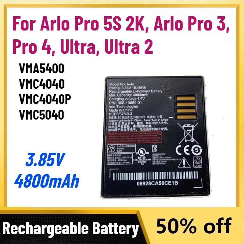 

High-Quality 4800mAh 3.85V Battery for Arlo Pro 5S 2K, Arlo Pro 3, Pro 4, Ultra, Ultra 2 Camera VMA5400 VMC4040 VMC4040P VMC5040