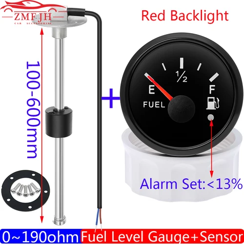 Medidor de nivel de combustible impermeable IP67 de 52mm + Sensor de nivel de aceite 100-500mm 0-190OHM medidor de tanque de aceite LED rojo con alarma coche RV Camper 12V24V