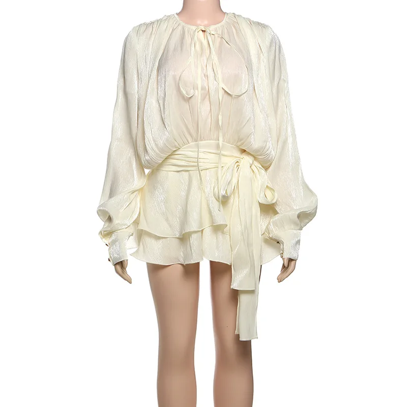 Bangniweigou أنيقة س الرقبة وشاح فانوس الأكمام فستان حريري ث/السراويل قطعتين مجموعة النساء الخريف الجنية موضة فلوي البدلة كريم