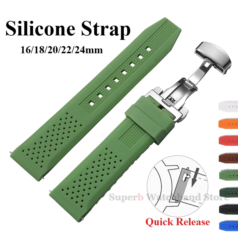 Correa de silicona suave para reloj Seiko de 16/18/20/22/24mm, correa de goma Universal de liberación rápida, pulsera transpirable con hebilla de mariposa
