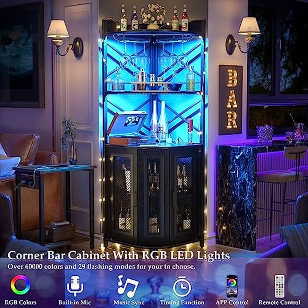 Industrial canto bar gabinete, LED copo de vinho titular, Liquor armazenamento, 5-Tier RGB luz, USB Outlet, 18,1 "x 18" wx64 "h, 2" h