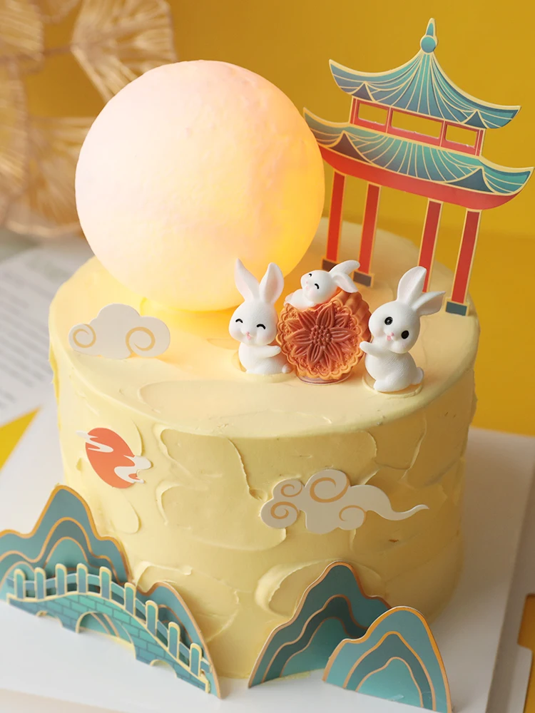 Mid-Autumn Festival Cake Decoration Mini Mooncake Rabbit Doll Ornaments Inserting Chinese Festivals Cake Topper Moon Viewing