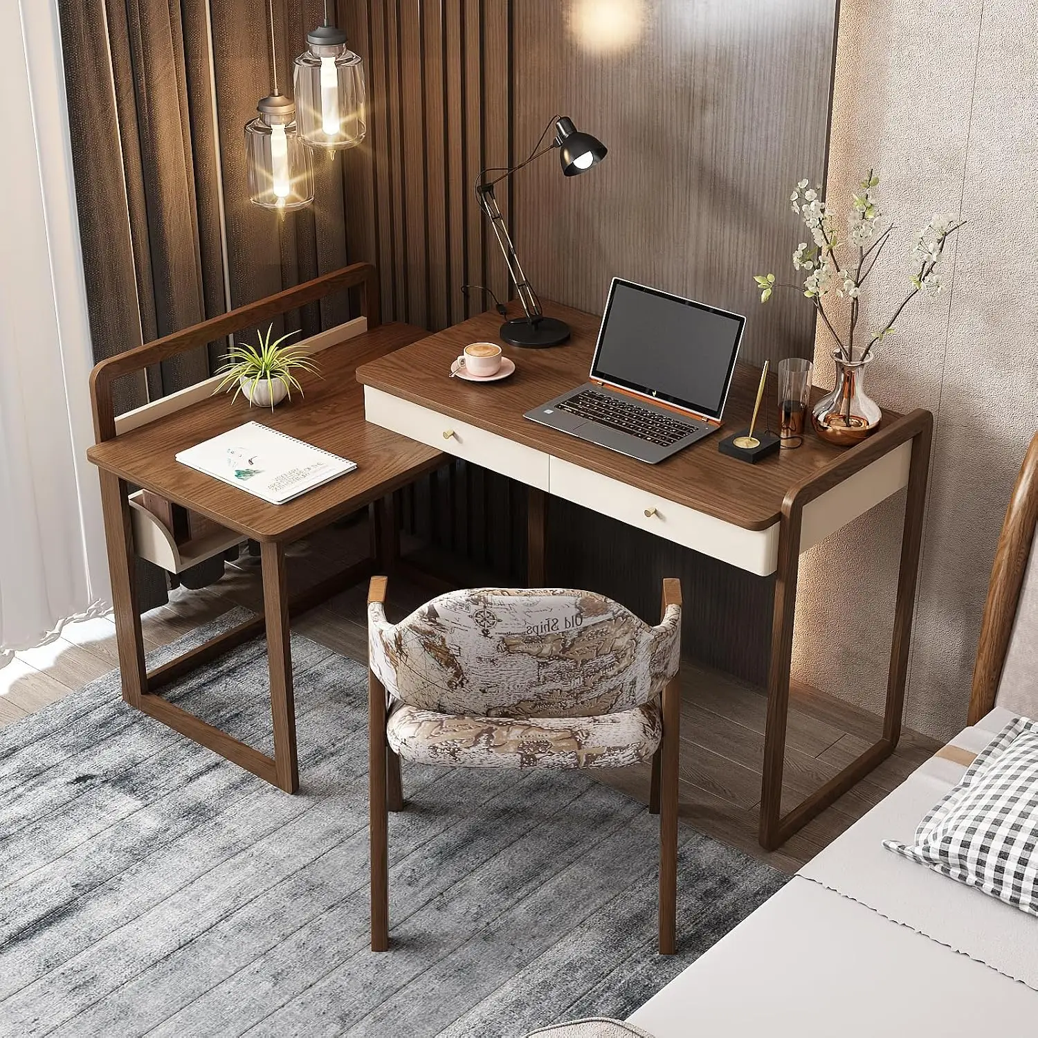 Extendable Solid Wood Desk with Storage Side Unit, Multifunctional Workbench for Office & Study Computer Use 70