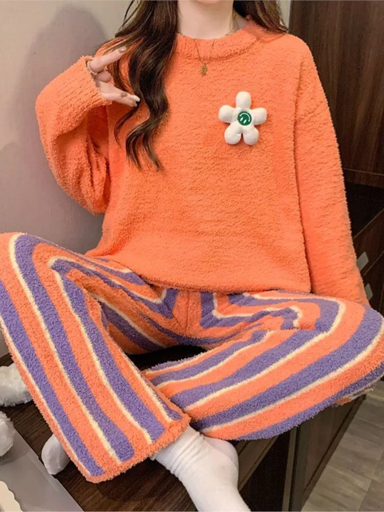 

Pajama Two-piece Set Cute Warm Coral Fleece Nighty Women's Casual O-neck Homewear Clothes Ladies Spring Winter Sleepwear Outfit