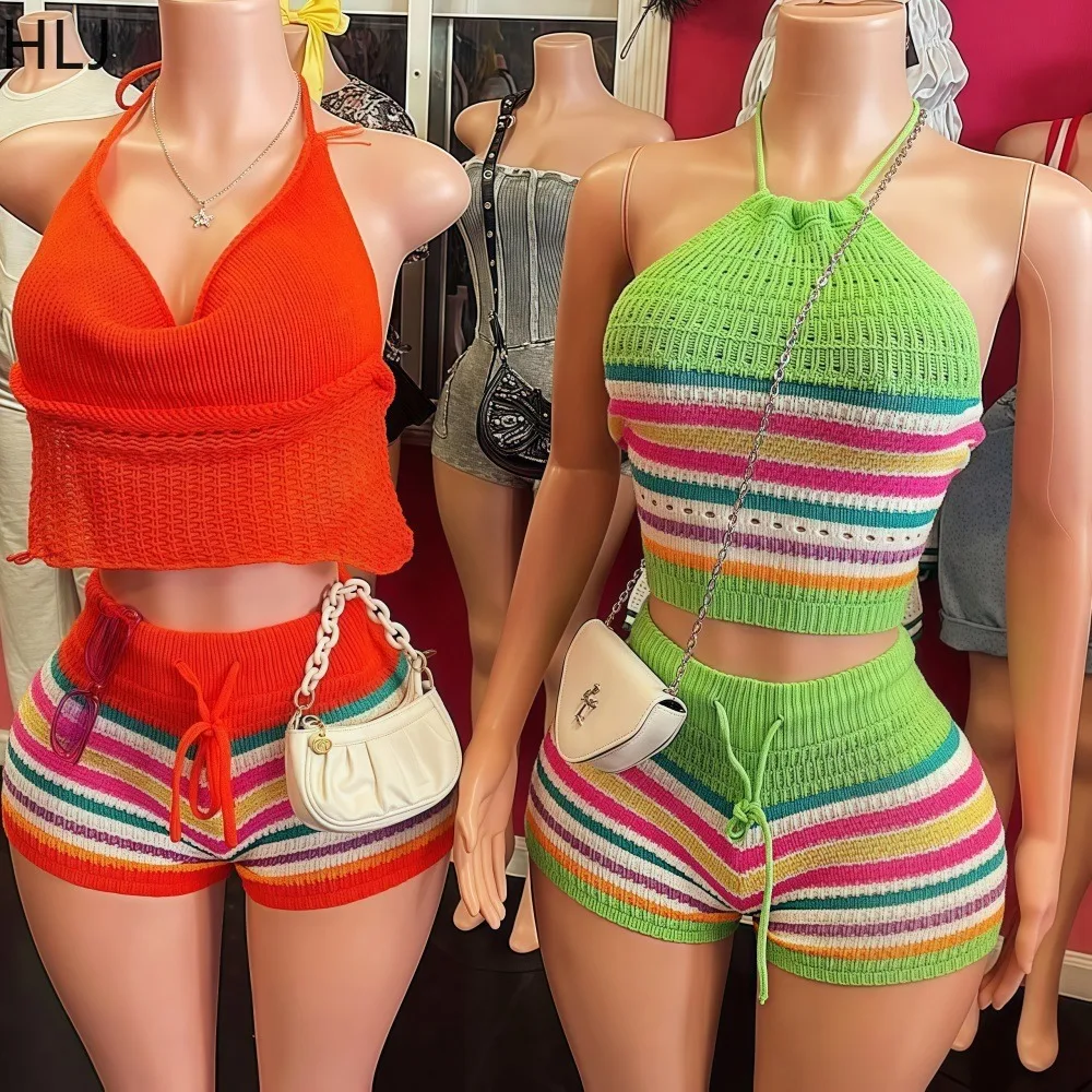 

HLJ Sexy Striped Knit Two Piece Set Women Rainbow Sleeveless Halter Lace Up Crop Top + Shorts Suit Female Beach Swim Clothing