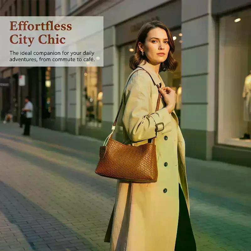 

For Daily Commute Shopping Retro Classic Woven Shoulder Bag Glossy Finish Magnetic Clasp PU Lightweight Versatile Handbag