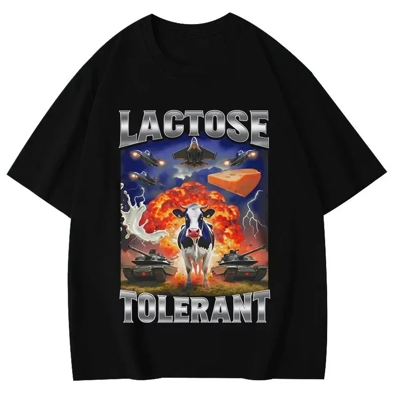 2026 Summer Lactose Tolerant Funny Cow Meme Graphic T Shirts Women's Fashion Vintage Short Sleeve T-shirt Streetwear Y2K Top