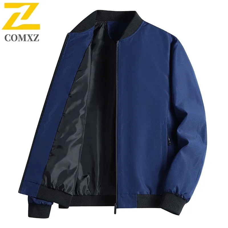 Comxz jaqueta masculina de luxo, casaco com zíper à prova de vento para escritório, gola casual, design de cor sólida, jaquetas leves de outono
