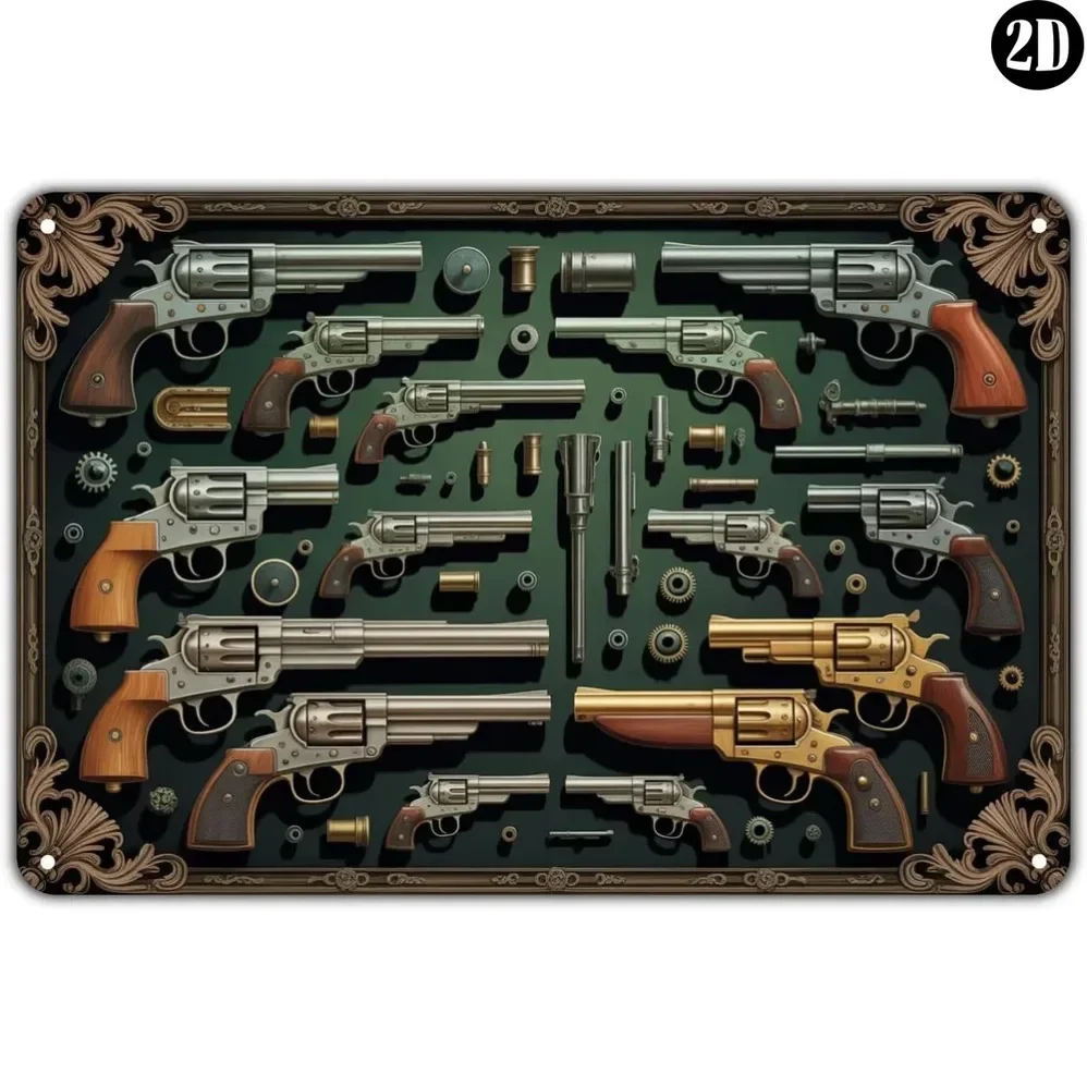 Vintage Metal Tin Sign, Western Antique Revolver Collection Ornate Frame Green Background Wall Decor Plaque