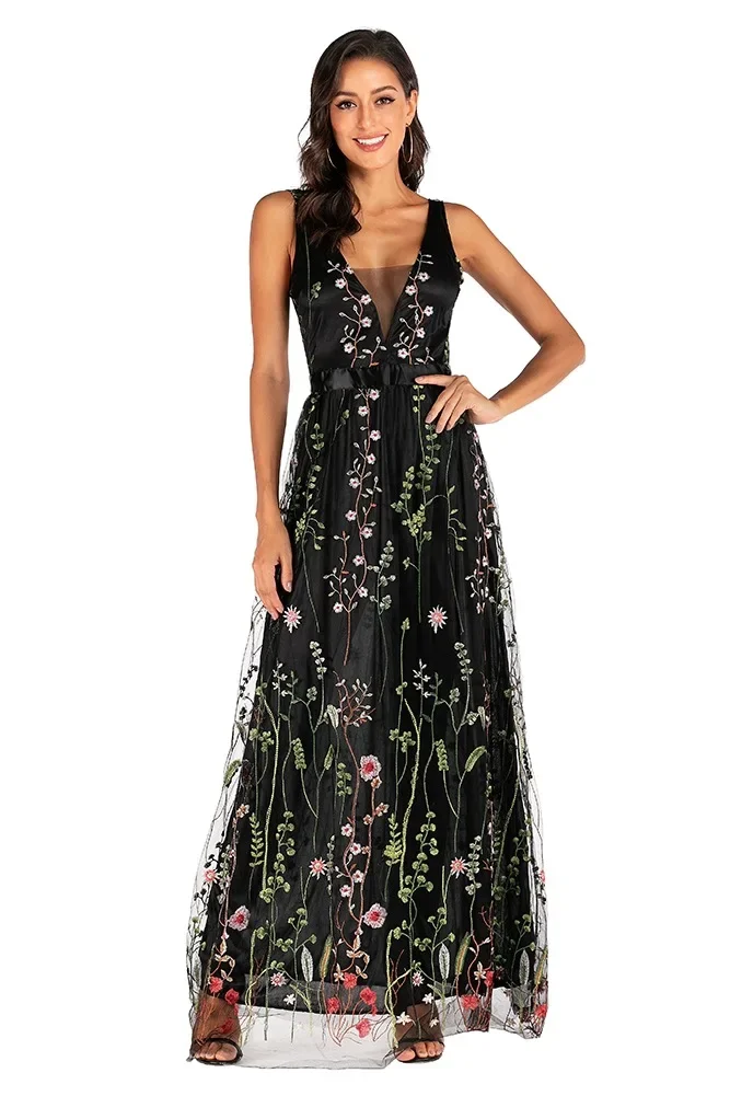2025 Sexy Deep-V Sleeveless Embroidered Flower Backless Women Party Dresses Long Maxi Dress Mujer Vestido Plus Size 3XS-10XL